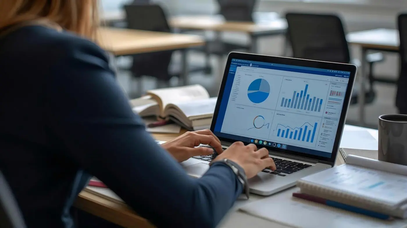 Persona analizando gráficos e indicadores en un computador portátil